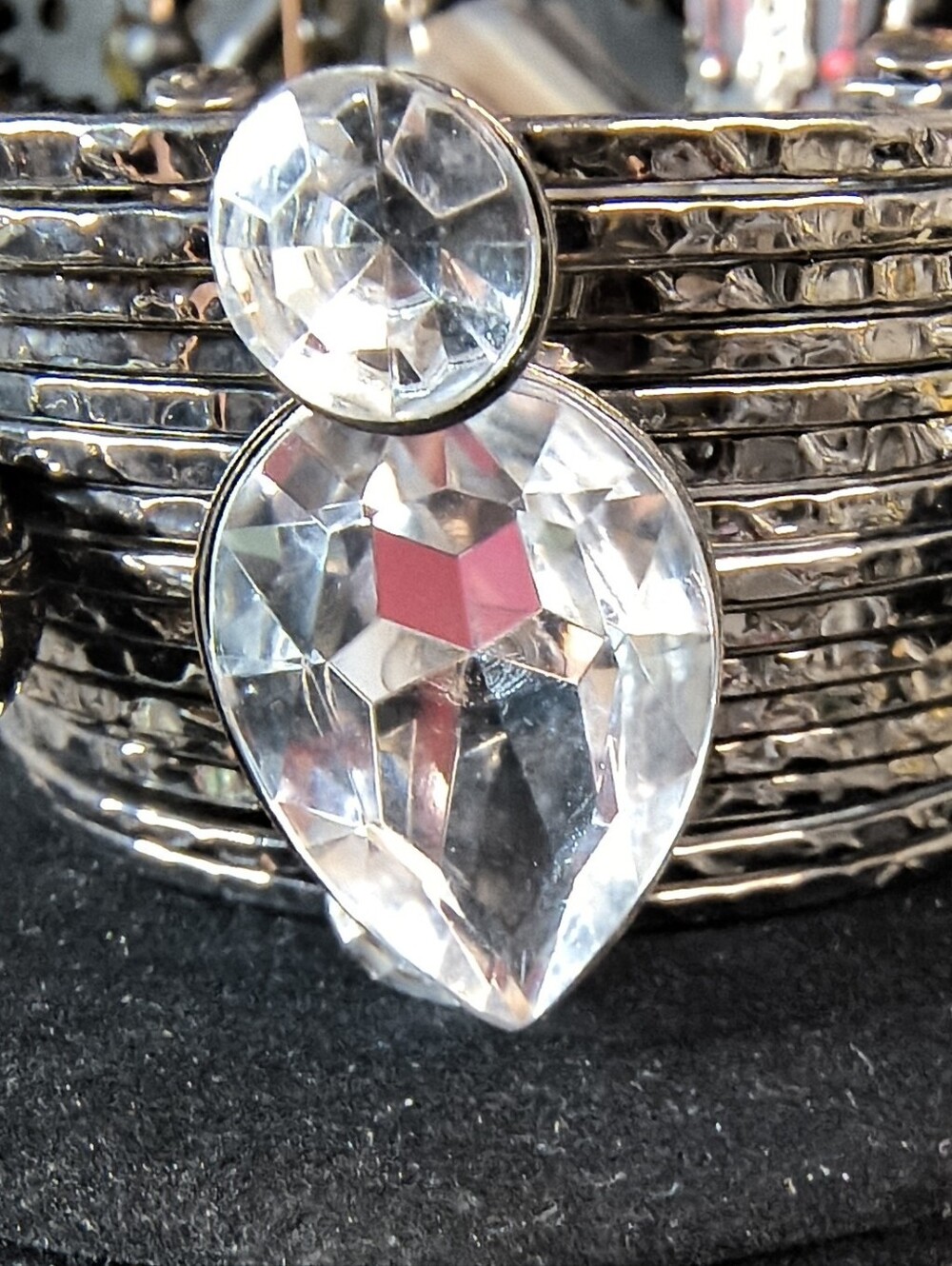 Gunmetal Multi Band Cuff Bracelet Clear Faceted Glass Crystal Hammered Cuff
